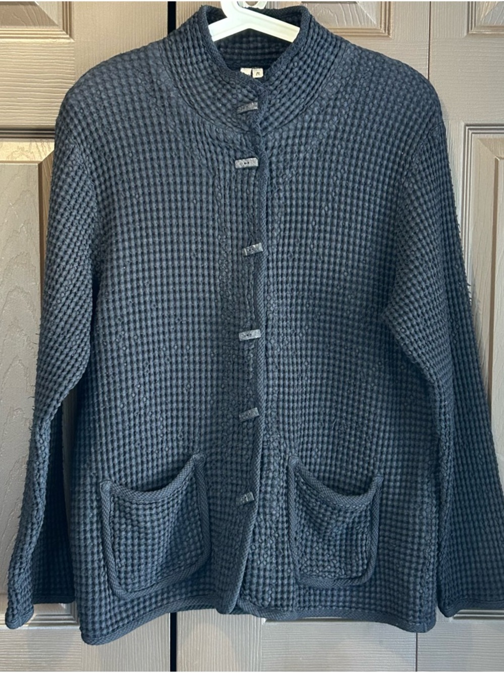 Waffle-Knit Button Front Jacket in Black by Focus